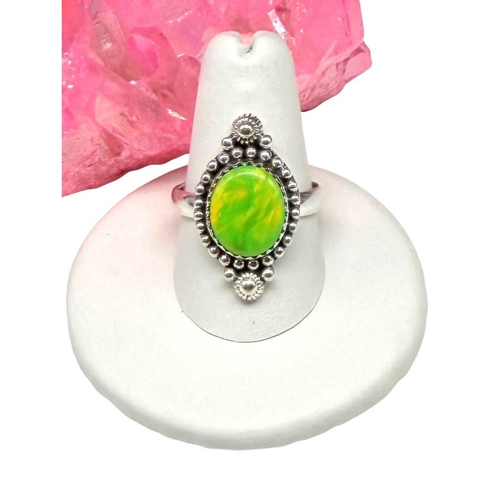 Lime Green Aurora Fire Opal Ring Size 9 Solid 925 Sterling Silver Aura